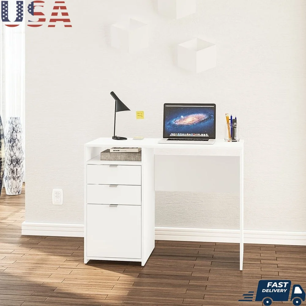 

Компактный белый письменный стол с 3-мя ящиками и открытой полкой для хранения в домашнем офисе Меламиновая отделка Устойчивый к царапинам Современный дизайн
