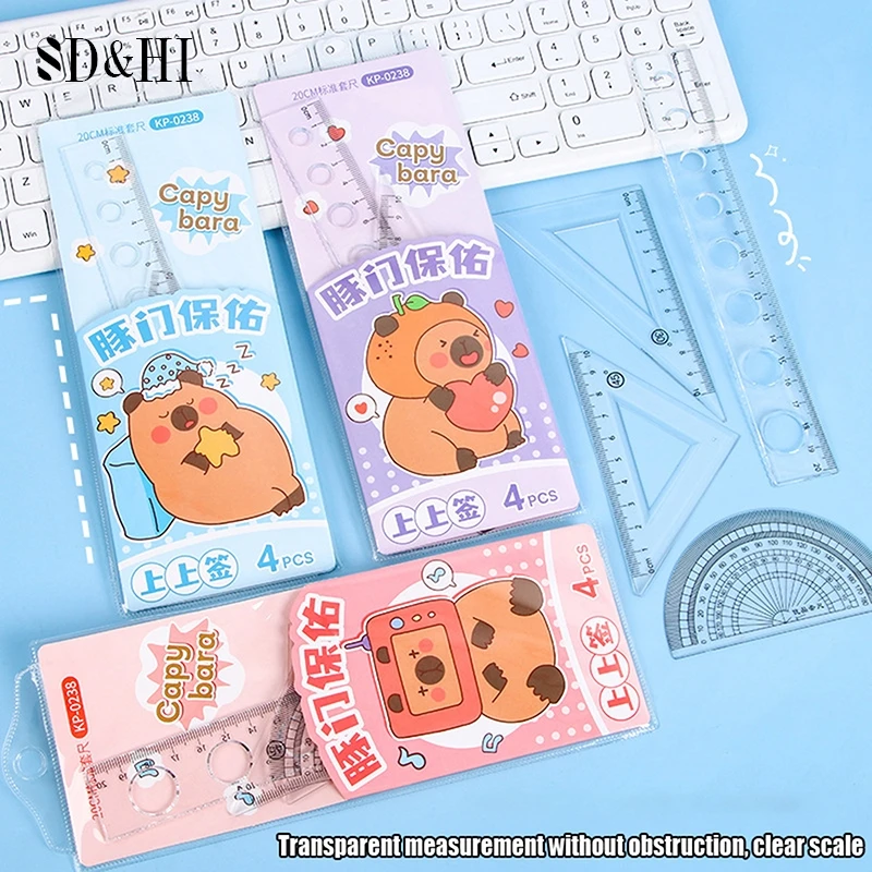 

4Pce/set Cute Cartoon Capibala Ruler Transparent Stationery Set Stationery Student Triangle Ruler Protractor Plastic Ruler