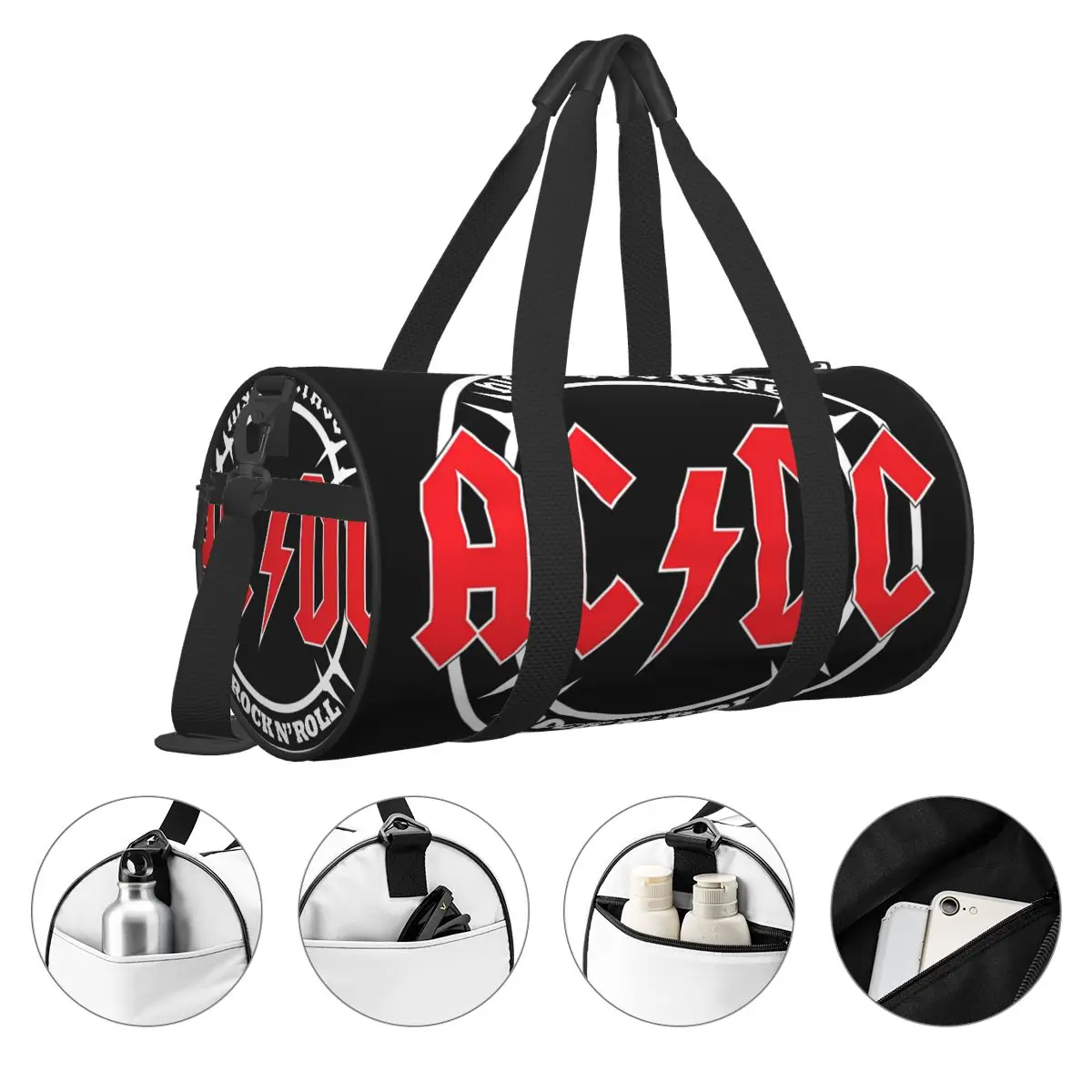 Men Travel Bag Hells Bells Gym Bag Large Vintage Ac Dc Rock Weekend Pattern Handbag Colorful Fashion Sports Bag