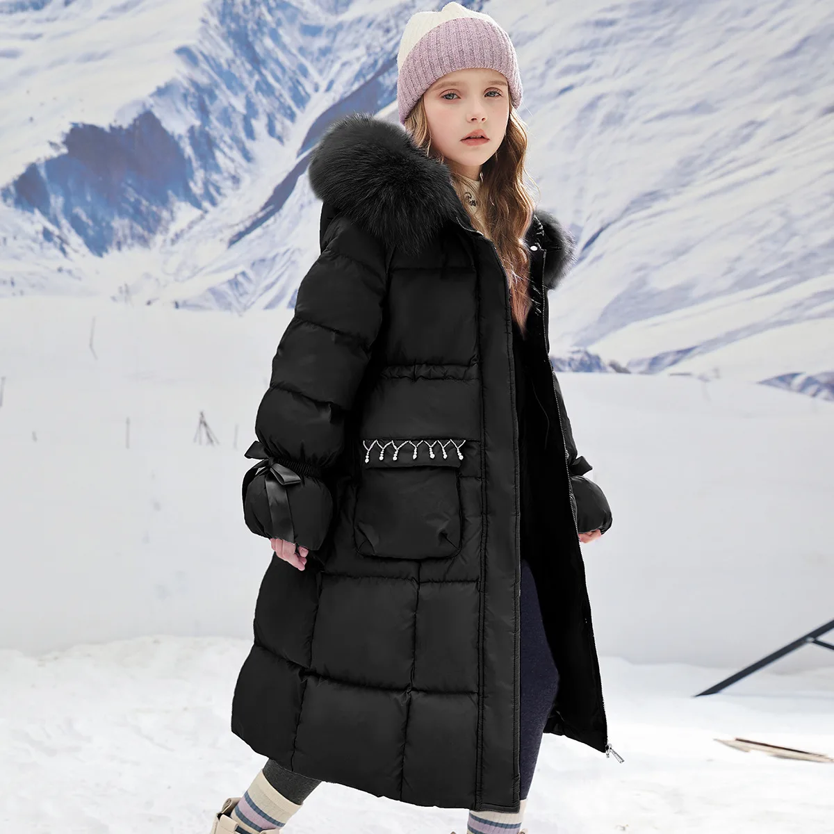 

Winter Warm Girls Long Sequin Work Fur Hooded Zip Puffer Jackets School Kids Thick Snow Coats Children Outfit Windbreaker 5-16Yr