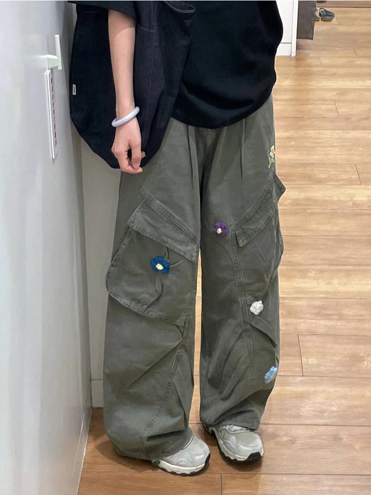 

Retro American Patchwork Embroidered Work Trousers Loose Wide Leg Casual Pants ex Youth Summer Faion Comfortable Long P...