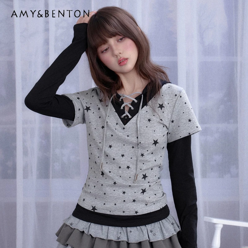 

Vintage Design Gray Black Splicing Star Fake Two-Piece Hooded Women's Top Autumn Sweet Cool Versatile Long Sleeve T-Shirt Ladies