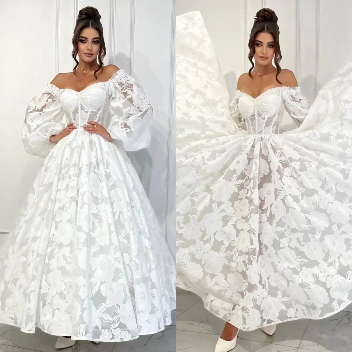 Elegance White Wedding Dresses A Line Off Shoulder Ankle Length Backless Sleeves Formal Long Beach garden Bridal Party dress