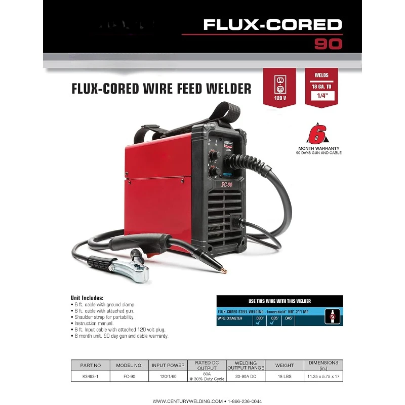 FC90 Flux Core Wire Feed Welder and Gun, 90 Amp, 120V, Inverter Power Source for Easy Operation,