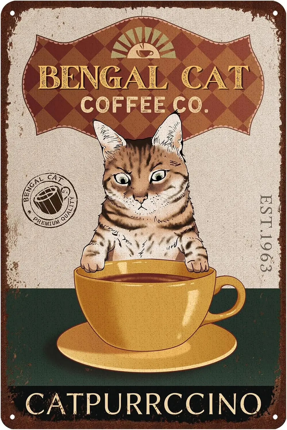 Retro Cat Metal Sign Vintage Coffee Bar Tin Signs Funny Wall Decor - bengal cat coffee co. catpurrccino