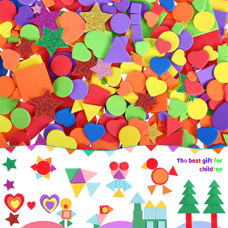 890pcs Assorted Self Adhesive Foam Shapes Stickers Mini Geometry EVA Glitter Star Stickers Kids DIY Art Craft, Circle, Square