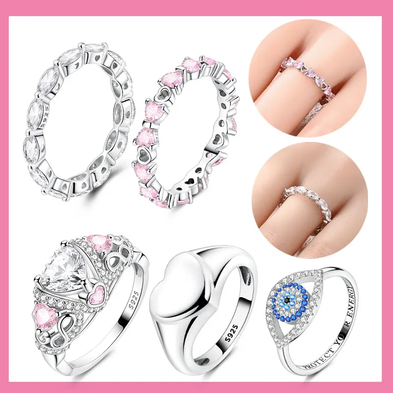 

New 925 Silver Infinity Love Pink Heart Shiny Cubic Zircon Rings Evil Eye Signet Ring for Women Protection Lucky Jewelry Gift
