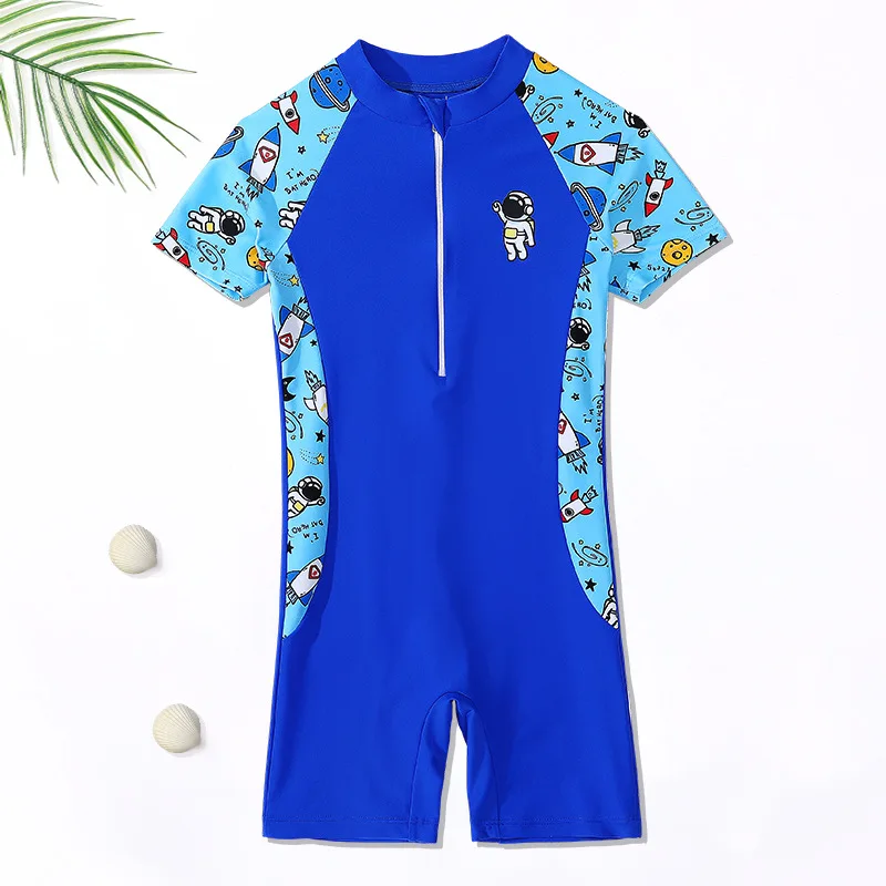 Kids Short Sleeve Quick-Drying Surfing UPF50+Bathing SwimWear For Boys One Piece Water Sport Front Zipper Beach Rash Guard