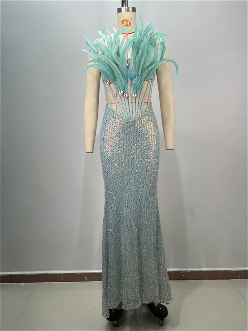 Luxury Feathers Shining Diamond Mint Color Sequins Stapless Long Dress Elegant Woman Birthday Party Dress Goddess Vestido