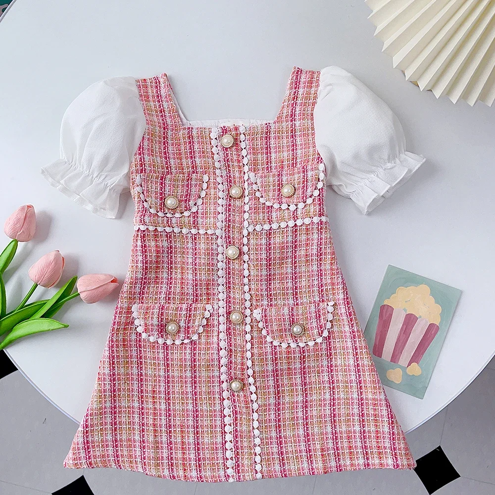 

Childrens Clothing Korean Style Tweed Plaid Pearl Button Small Fur Ball Decoration Fragrant Style Bubble Sleeve Dress