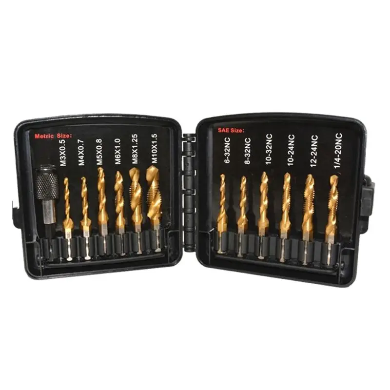 

Набор из 13 метрических и дюймовых (SAE) титановых комбинированных сверл-метчиков с шестигранным хвостовиком ABAH-13