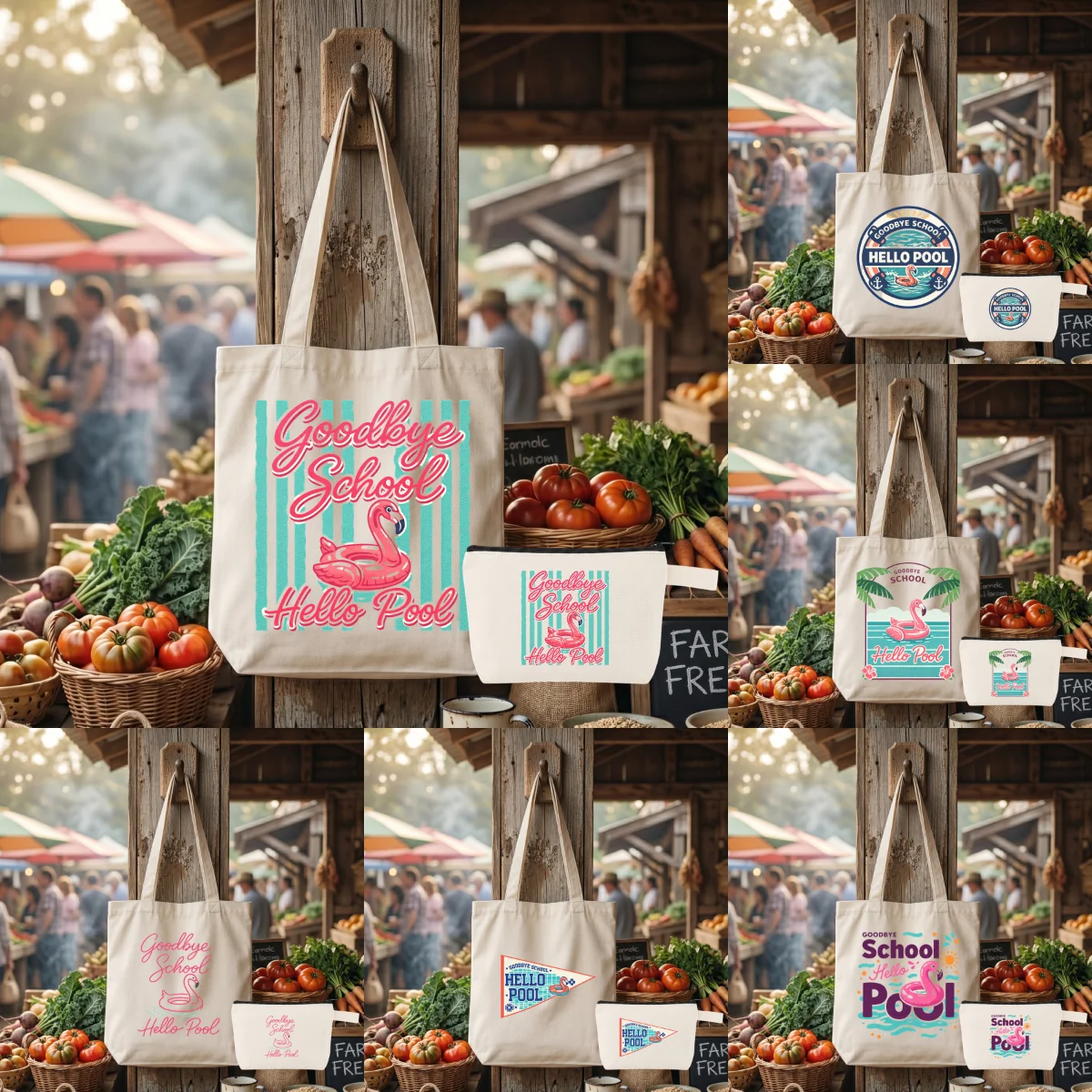 

1 Pack Summer Vacation Canvas Bag Set, "Goodbye School Hello Pool" Graphic Tote & Makeup Pouch, 2-Piece Kit