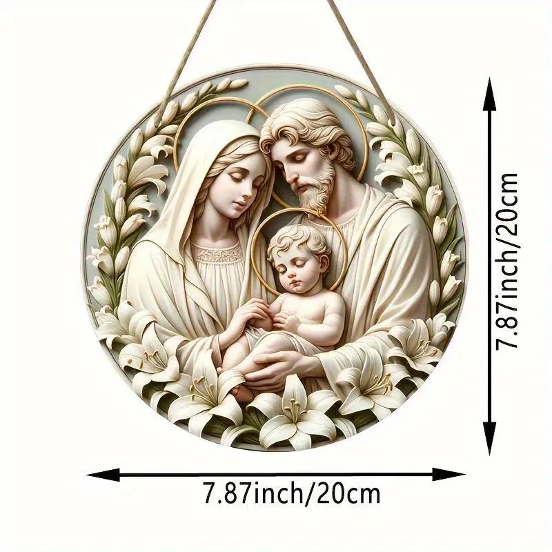 1pc, 2D Baptism Pray Faith Theme Family Wooden 7.9Inch/20cm Round Hanging Sign Wall or Door Decor Wall Art, Outdoor Courtyard