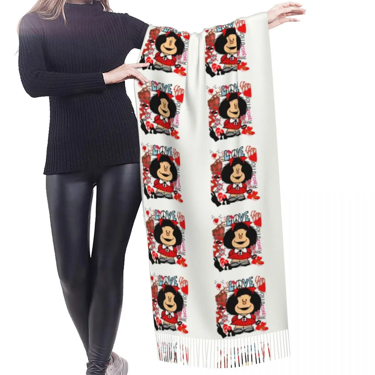 Ladies Love And Mafalda Surrounded By Hearts Scarves Women Winter Fall Thick Warm Tassel Shawl Wrap Fashion Manga Cartoon Scarf