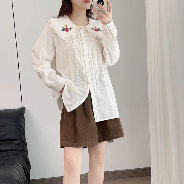 New Summer Cotton Long Sleeve Denim Shirt, Woman Peter Pan Collar Embroidery Tops, Mori Girl Sweet Loose Blouses, Fall T47883QC