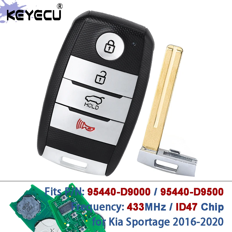 

KEYECU P/N: 95440-D9000, 95440-D9500 433,92 МГц ID47 Чип Keyless-Go Бесконтактный интеллектуальный дистанционный брелок для Kia Sportage 2016-2020
