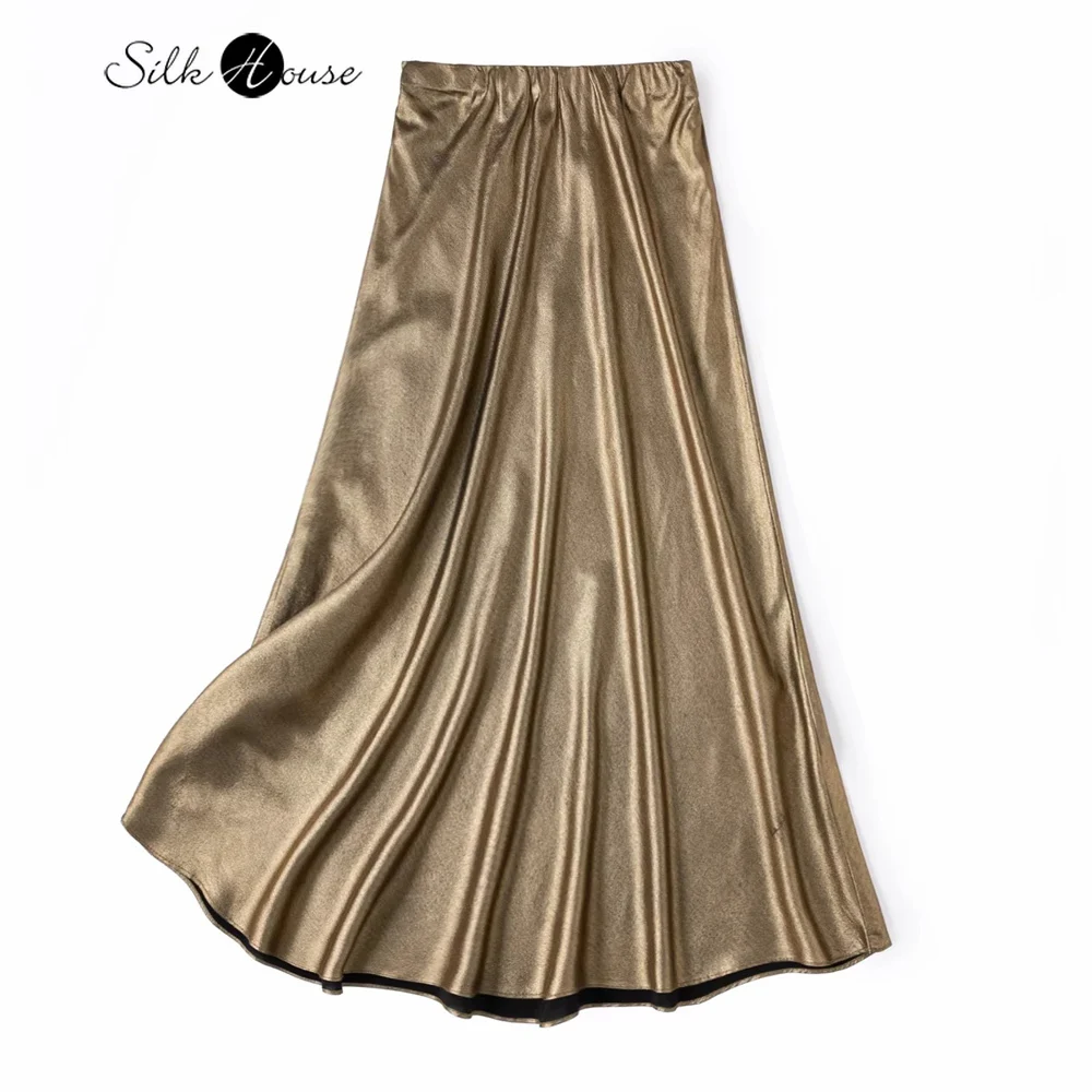 

Женская модная весенняя одежда: Элегантная вечерняя юбка из 100% натурального шелка тутового шелкопряда с металлической текстурой, легкая, струящаяся, с диагональным кроем