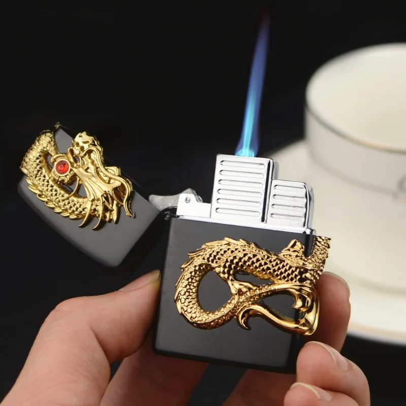 

New Butane Inflatable Cigar Igniter Metal Blue Fire Lighter Smoke Windproof Open Flame Cigarettes Lighters & Smoking Accessories