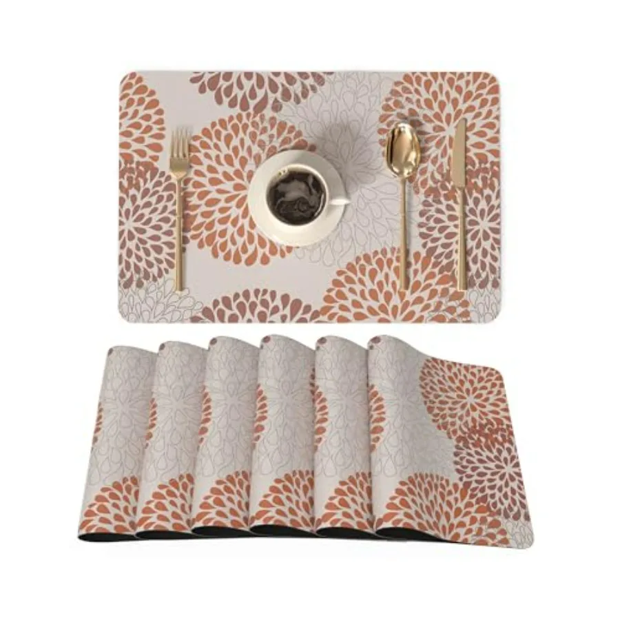 

Set of 6 12x18 Inch Faux Leather Placemats for Kitchen Dining Heat Resistant Anti Slip Floral Table Mats Waterproof Wipeable Wa