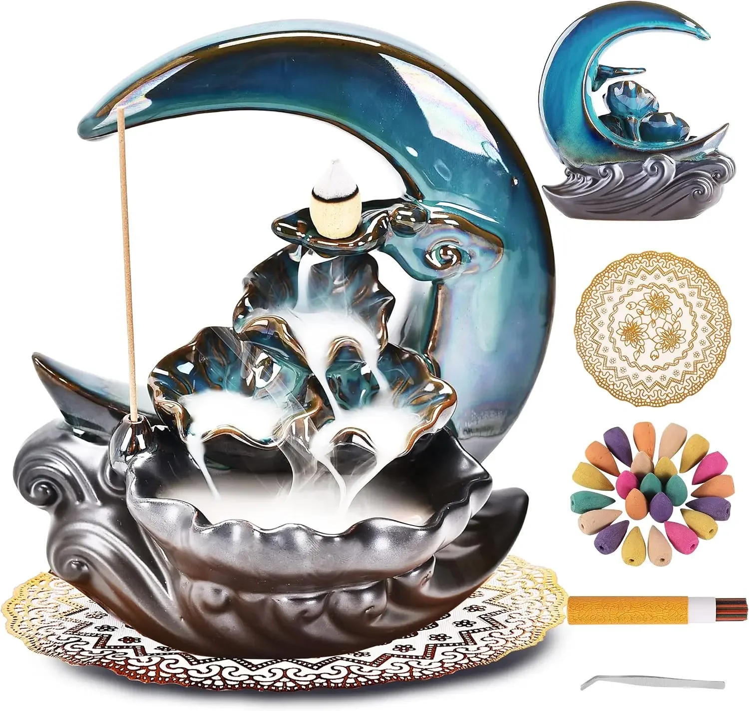 Handmade Ceramic Backflow Incense Fountain New Moon Holder