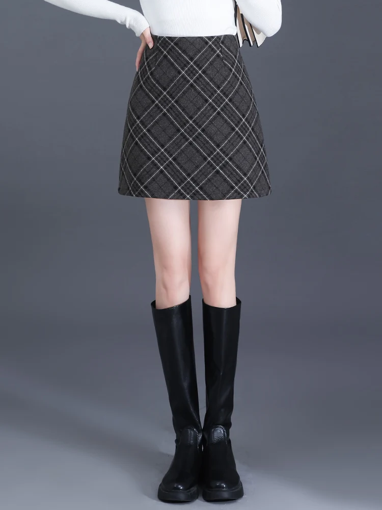 High Quality Womens Autumn/Winter Gray Coffee Plaid A-Line Skirt Fashion High Waist Ladies S-3XL Female Above Knee Mini Skirt