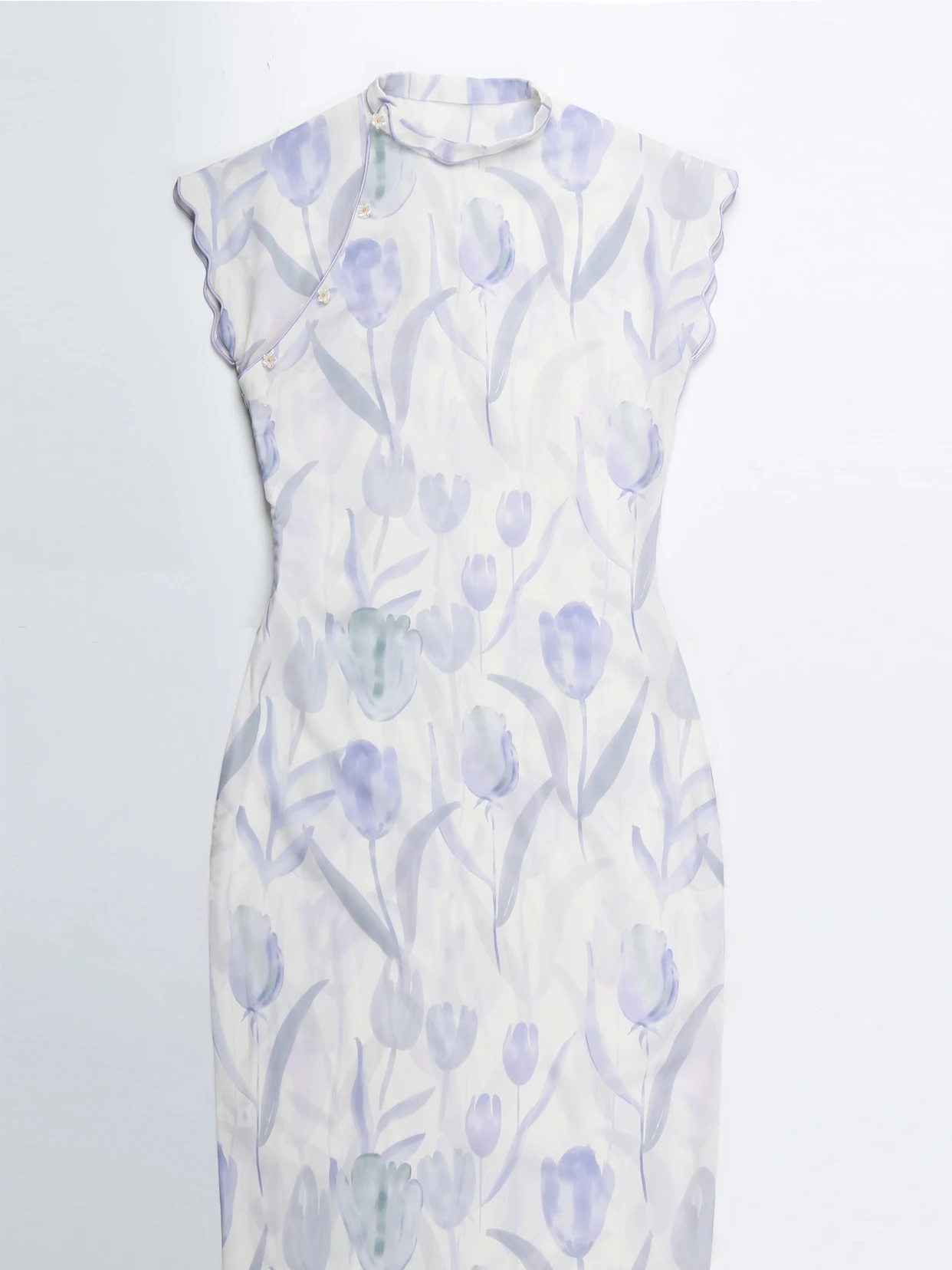 

New Chinese Sle ort Sve Tulip Floral Print Qipao Dr Young Girl Petal Collar Spring Summer Casual Low Slit Polyester