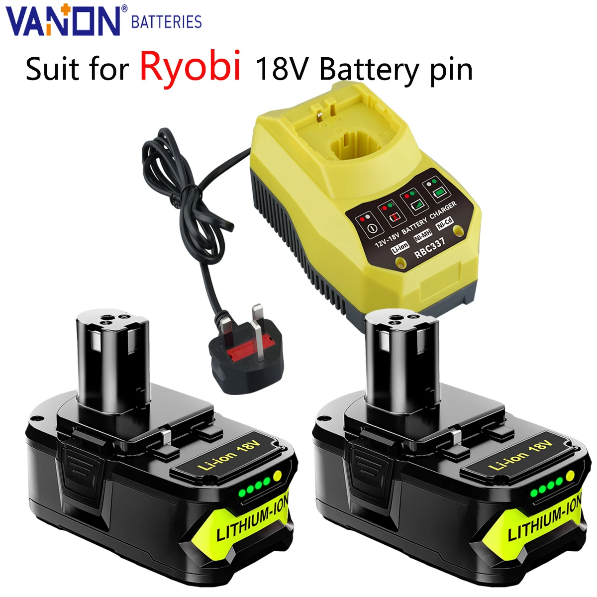 

Vanon 2Pac P108 5Ah 18V Lithium Battery and P117 Charger Compatible with P102 P105 Series Tools to Replace for Ryobi Battery pin