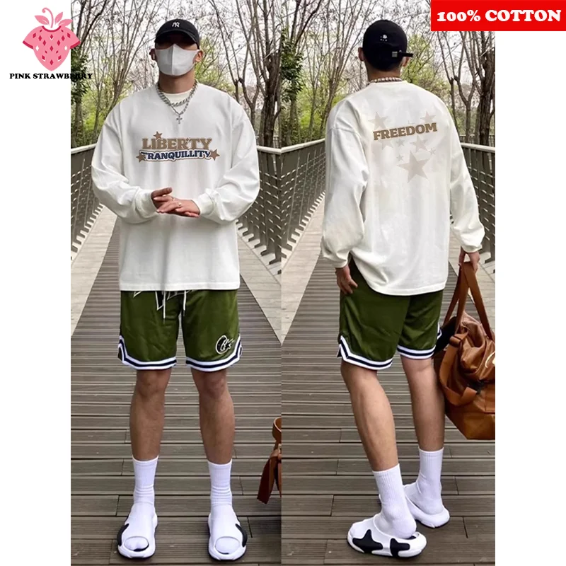

American Street Star Letter Print T-shirt Men Autumn 2025 New Round neck White Long sleeves Sports shirt Y2k Top mens clothing