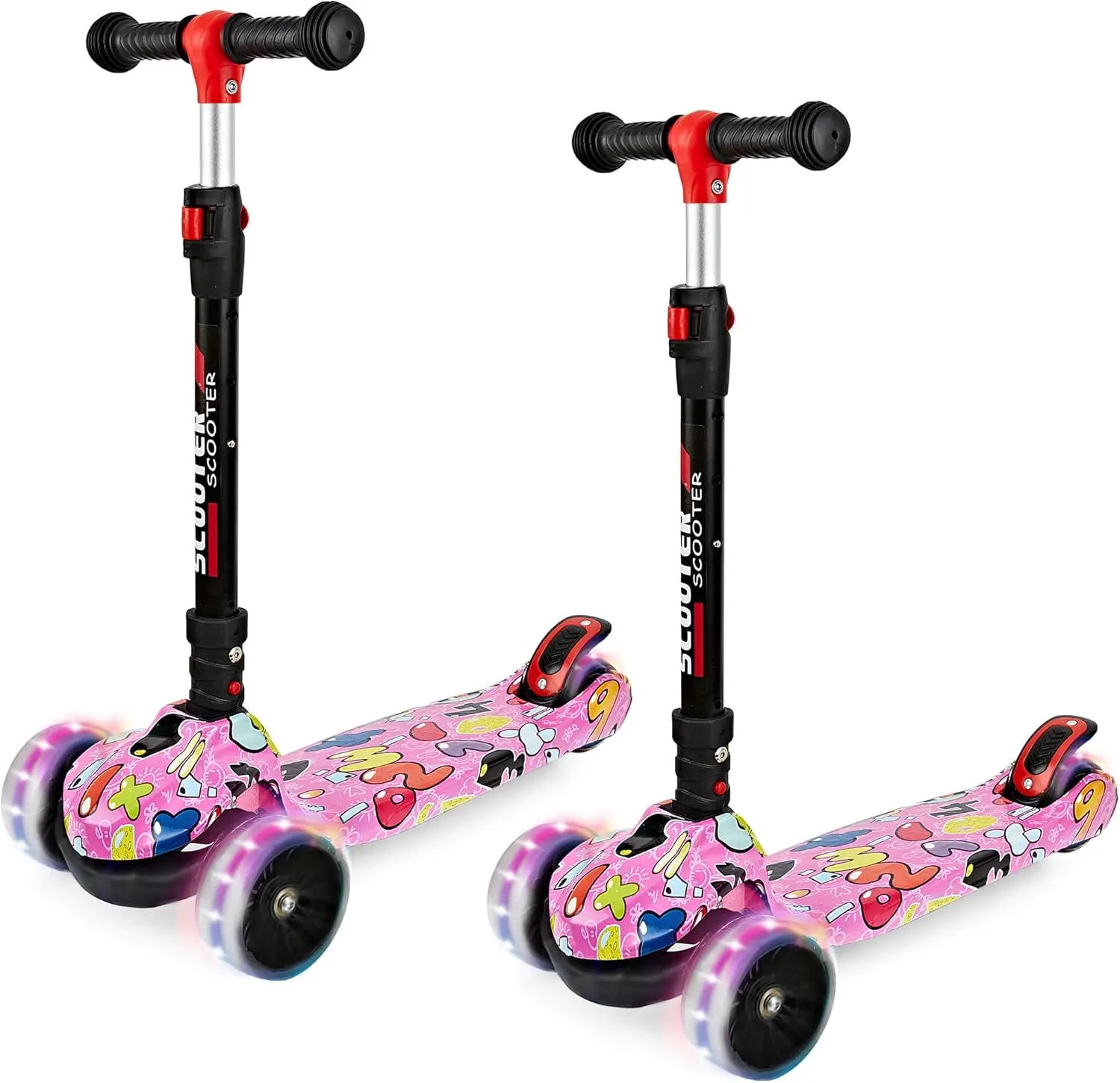 Lot de 2 trottinettes pour enfants de 3 à 12 ans, trottinette pliable et réglable avec tambours graffiti, pont antidérapant et roues extra larges