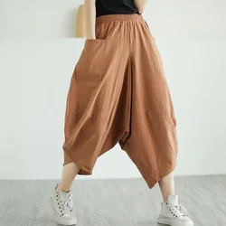 4XL Spring Summer Cotton Linen Pants Women Solid Color Casual Calf-length Pant Woman Lace-up Waist Loose Trousers Harem Pants