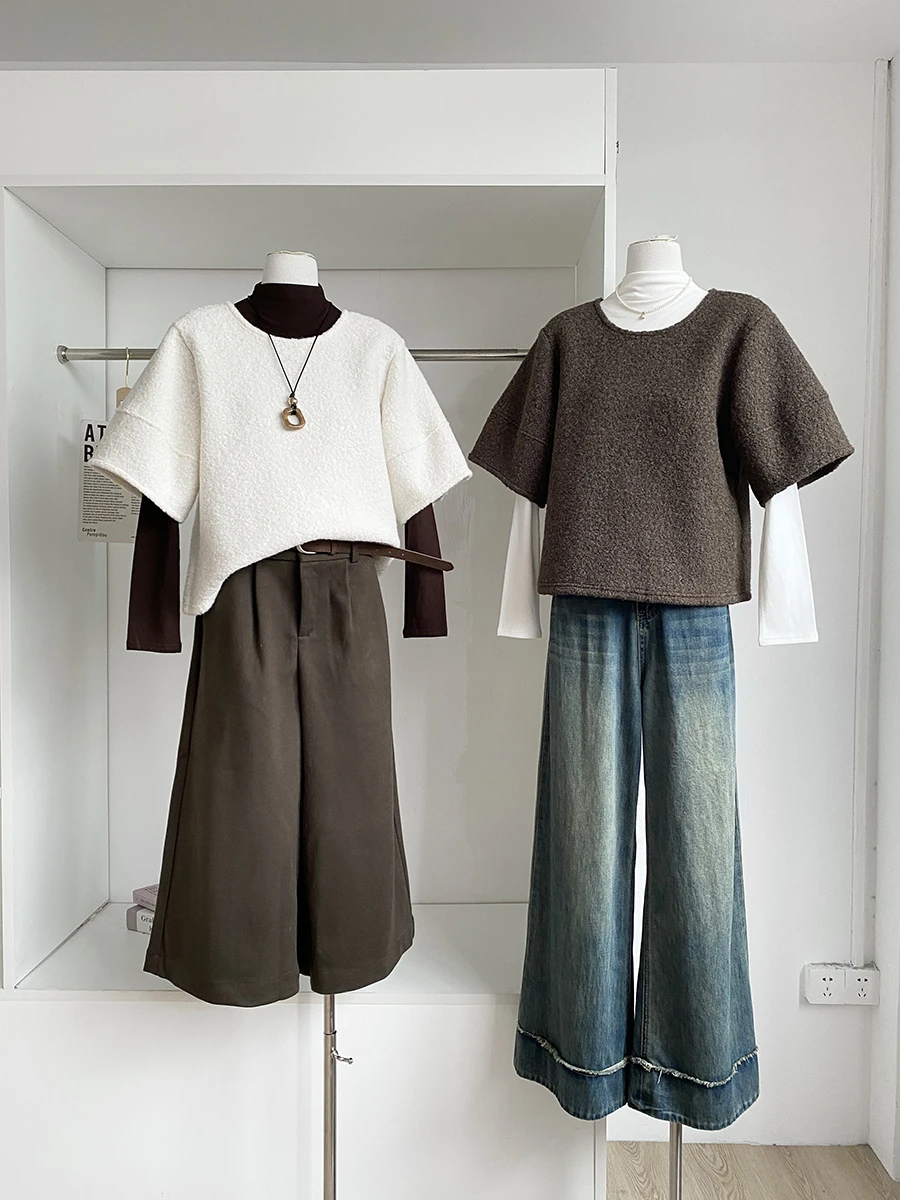 

Women's Autumn Winter O Neck Short Sleeve Loose Sweater Lady Solid Color Pullover Jumper Top