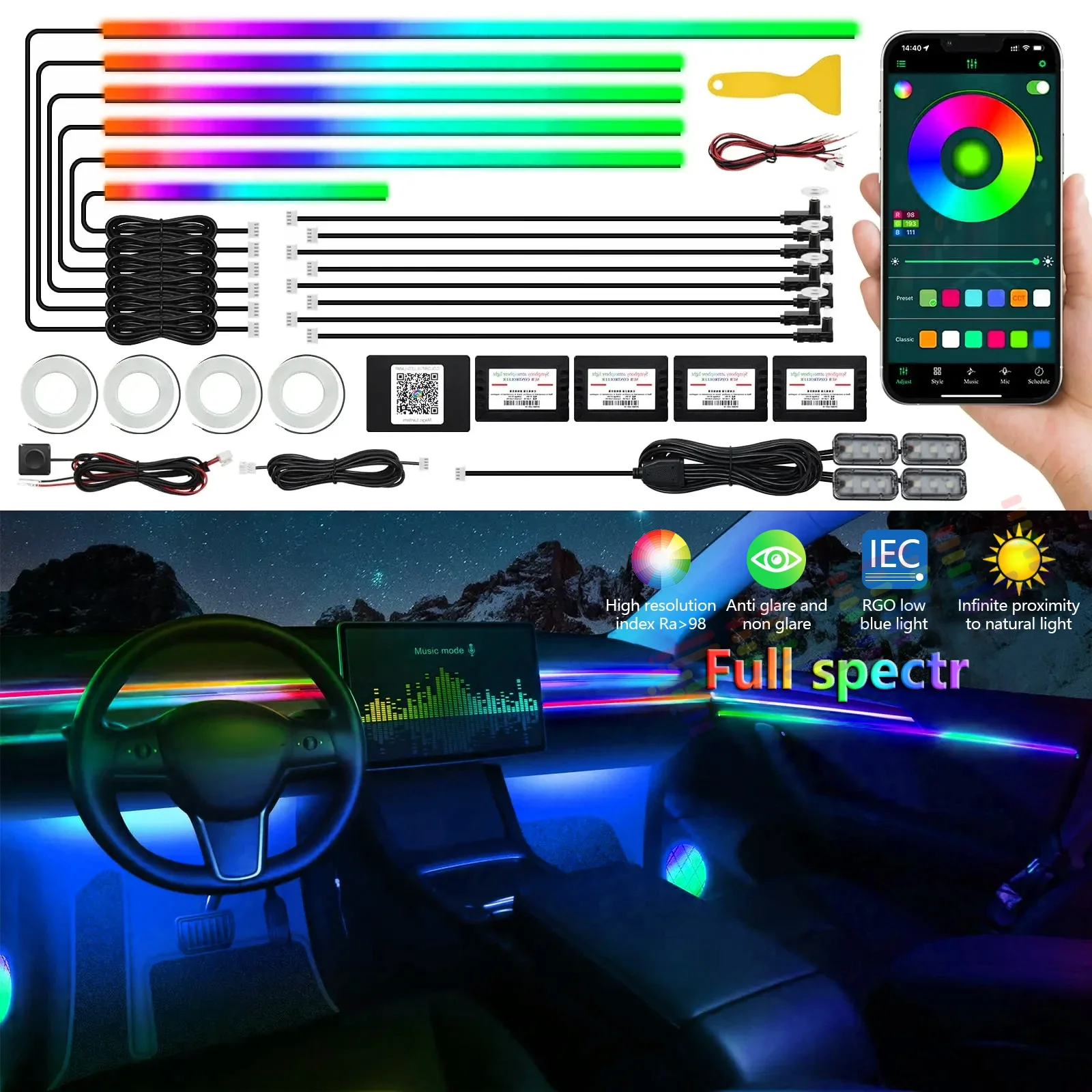 22 In 1 Car Streamer Ambient Lights Universal 64 Colours Rainbow Neon LED Interior Acrylic Strip Symphony Atmosphere Lamp Kit