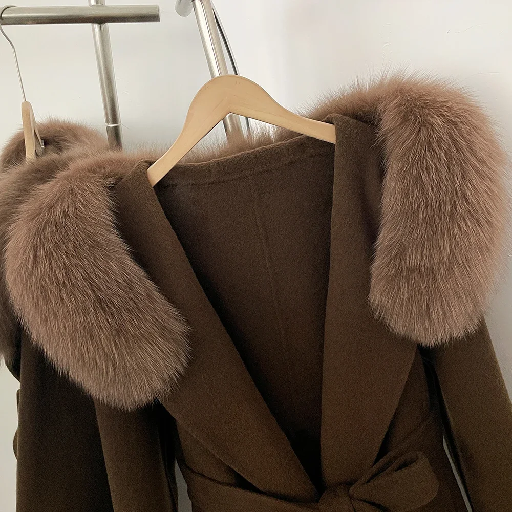 OFTBUY Kapuzenmantel mit Gürtel aus Naturfell und Wolle, langer Damen-Wollmantel mit echtem Fuchsfell, neuer Winter-Wollmantel für Damen – Detail 4