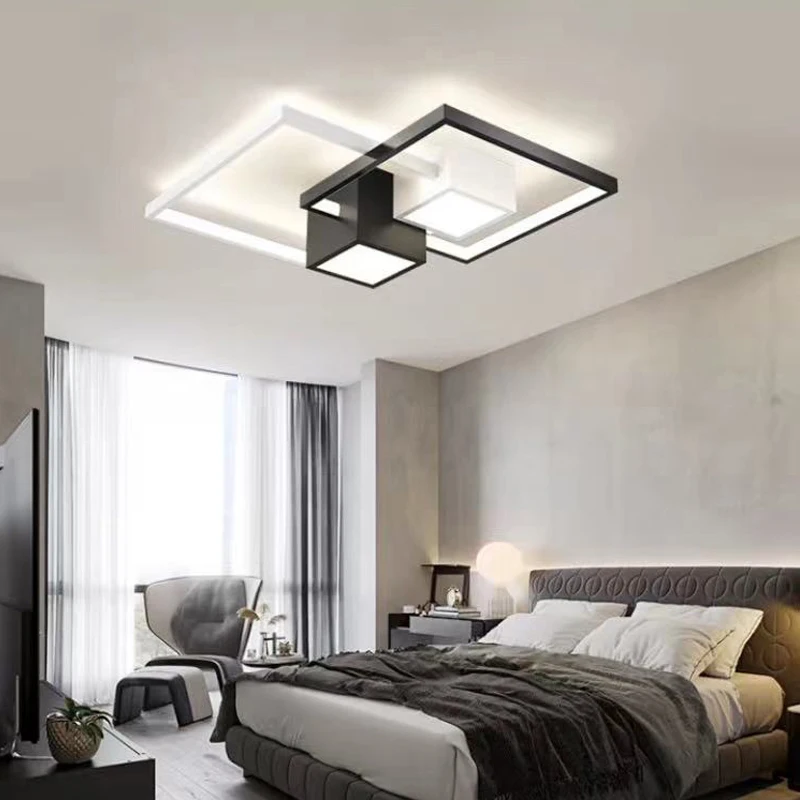 Minimalist Nordic Black Chandelier Square Bedroom Lamps Studyroom Dining Living Room Lamp Led Ceiling Lights With Remote Control