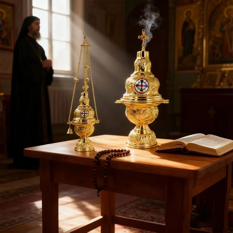 HTISOK New Incense Burner Orthodox Church Mass Liturgical Censer Articles Wall Hanging 12 Bells Gold Plating rosarios religiosos