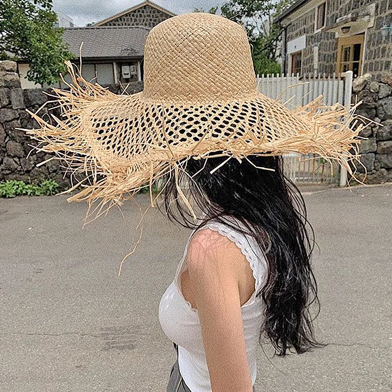 

New Oversized Brim Raffia Grass Woven Hollow Round Top Straw Hat For Women Summer Europe America Fashion Photography Beach Hat