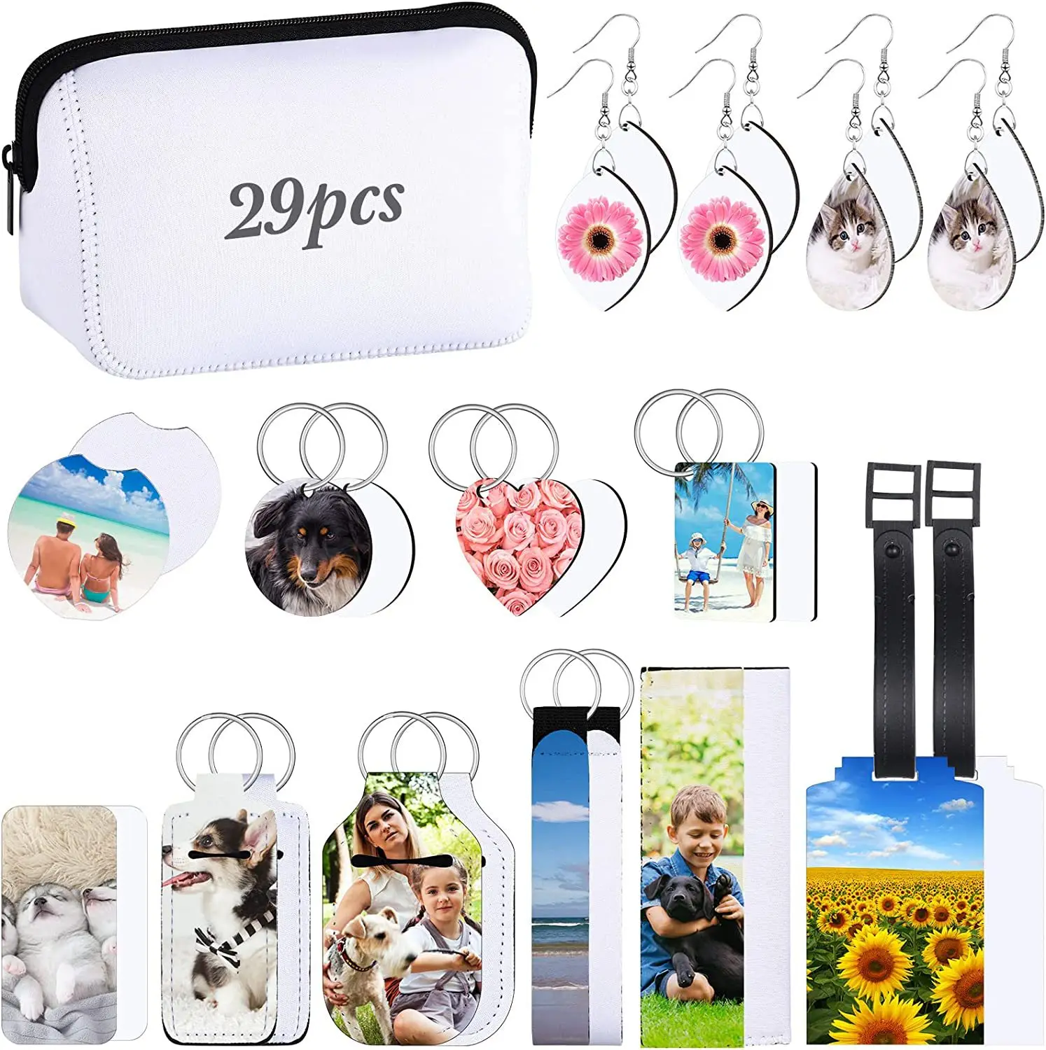 29Pcs/Set Sublimation Blanks Products Set DIY Blank Keychain With Makeup Bags Heat Transfer Travel Bottles Keychain Set