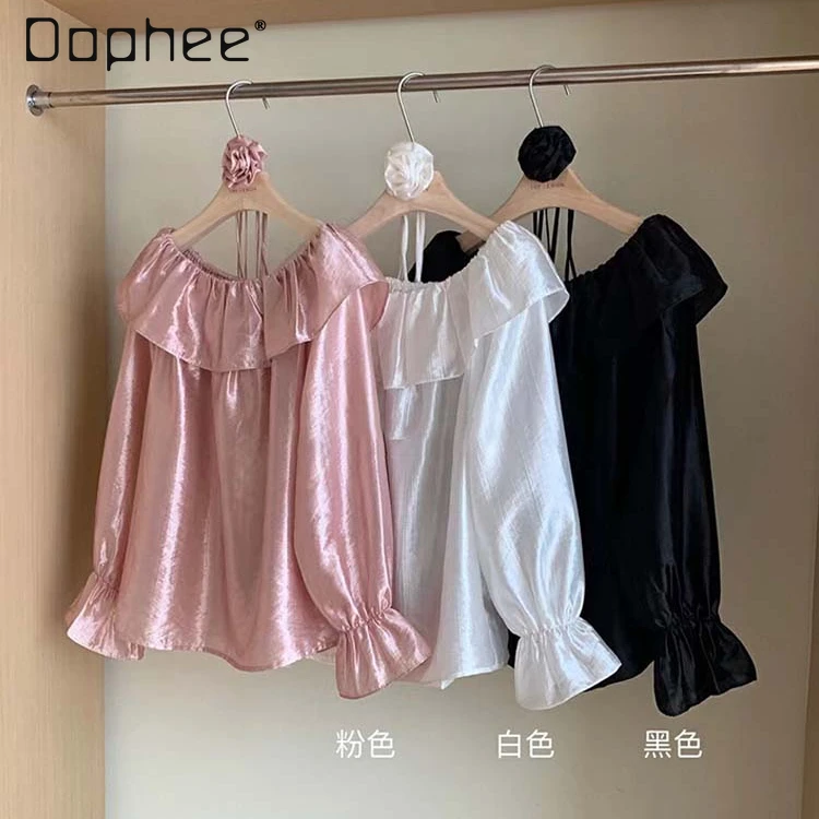 

Elegant Off-Shoulder Top for Women 2024 Spring New High-Grade Ruffled Rose Lace-up Chiffon Small Shirts Woman Roupas Femininas