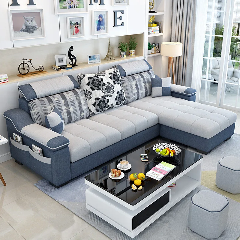 Moderne eenvoudige stoffen bank Scandinavisch klein appartement woonkamer afneembare en wasbare technologie stoffen bankcombinatieset