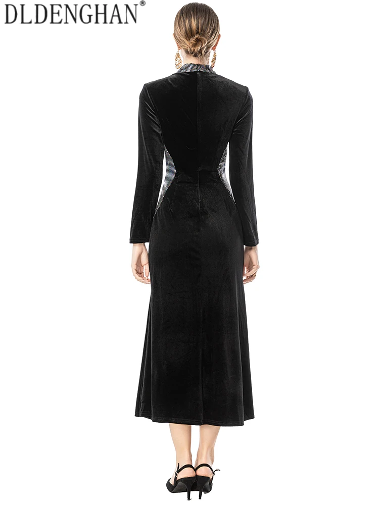 DLDENGHAN Elegant Black Velvet Dress with Diamonds Stand Collar Long Sleeve Mermaid Style Women Fashionable Party Wear Autumn