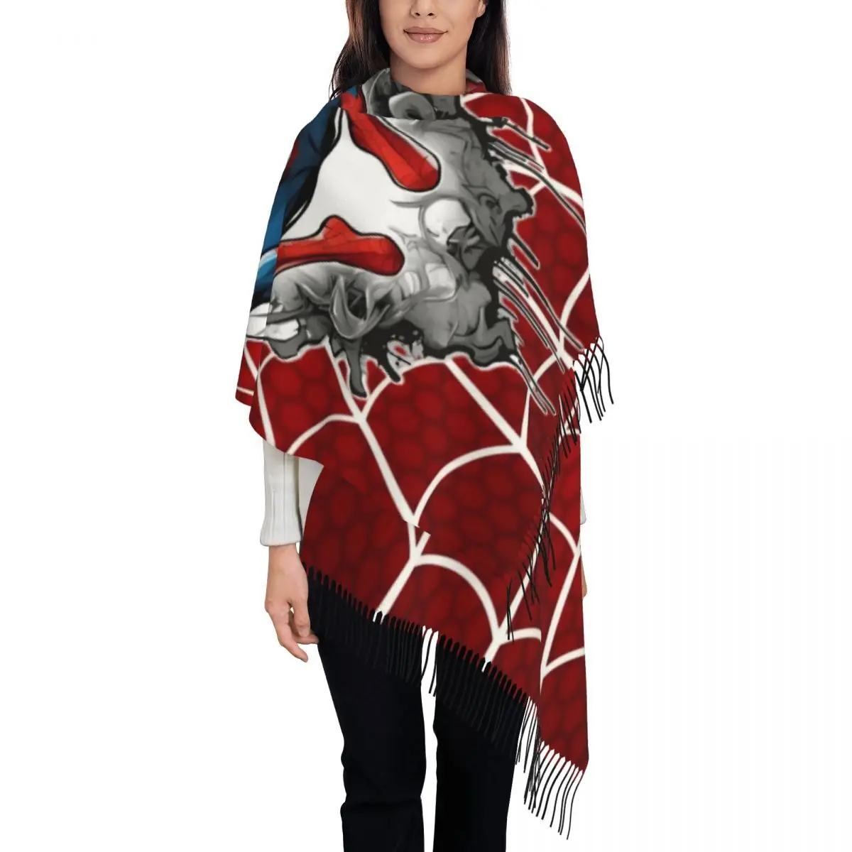 

Изготовленные на заказ женские большие шарфы с изображением Человека-паука из мультфильма супергероев, женские зимние толстые теплые шаль с кисточками, шарф