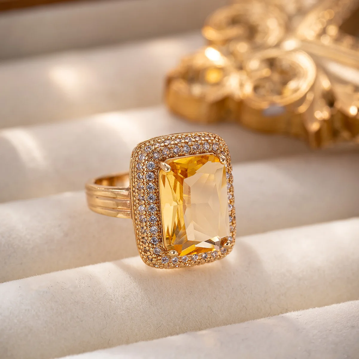 Ajojewel Big Square Yellow Stone Rings For Women Micro Pave Cubic Zirconia Jewelry Finger