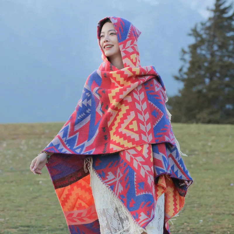 New Versatile Thickened Hooded Shawl Women's Fashion Travel Wear Warm Autumn Winter Cloak Sunshade Stylish Matching Scarf
