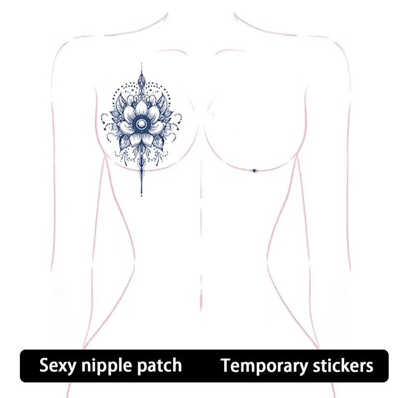 Blue Floral Lace Chest Nipple Cover Temporary Tattoo Sticker Waterproof Fake Tattoo Body Art for Women