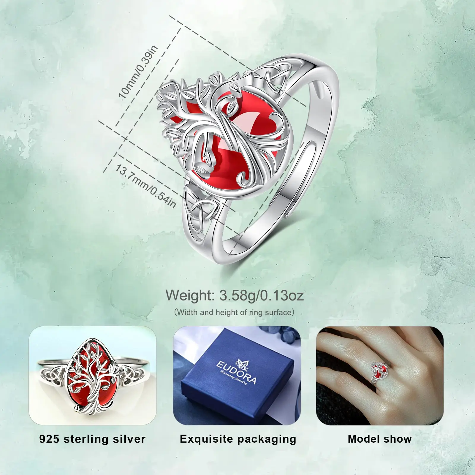 Eudora 925 Sterling Silver Tree of Life Adjustable Ring Carnelian Celtic Knot Ring Pagan Spiritual Jewelry Gift for Women Men