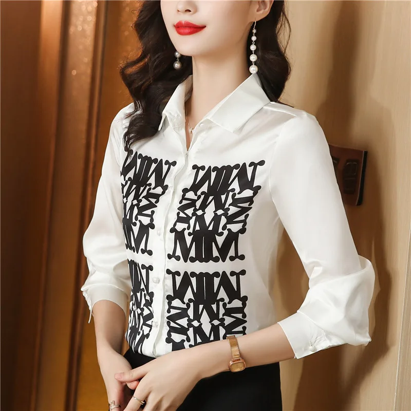 Women Chic Letter Printed Vintage Fashion Shirts Long Sleeve Loose Office Lady Temperament Commuting Blouse Spring All-match Top