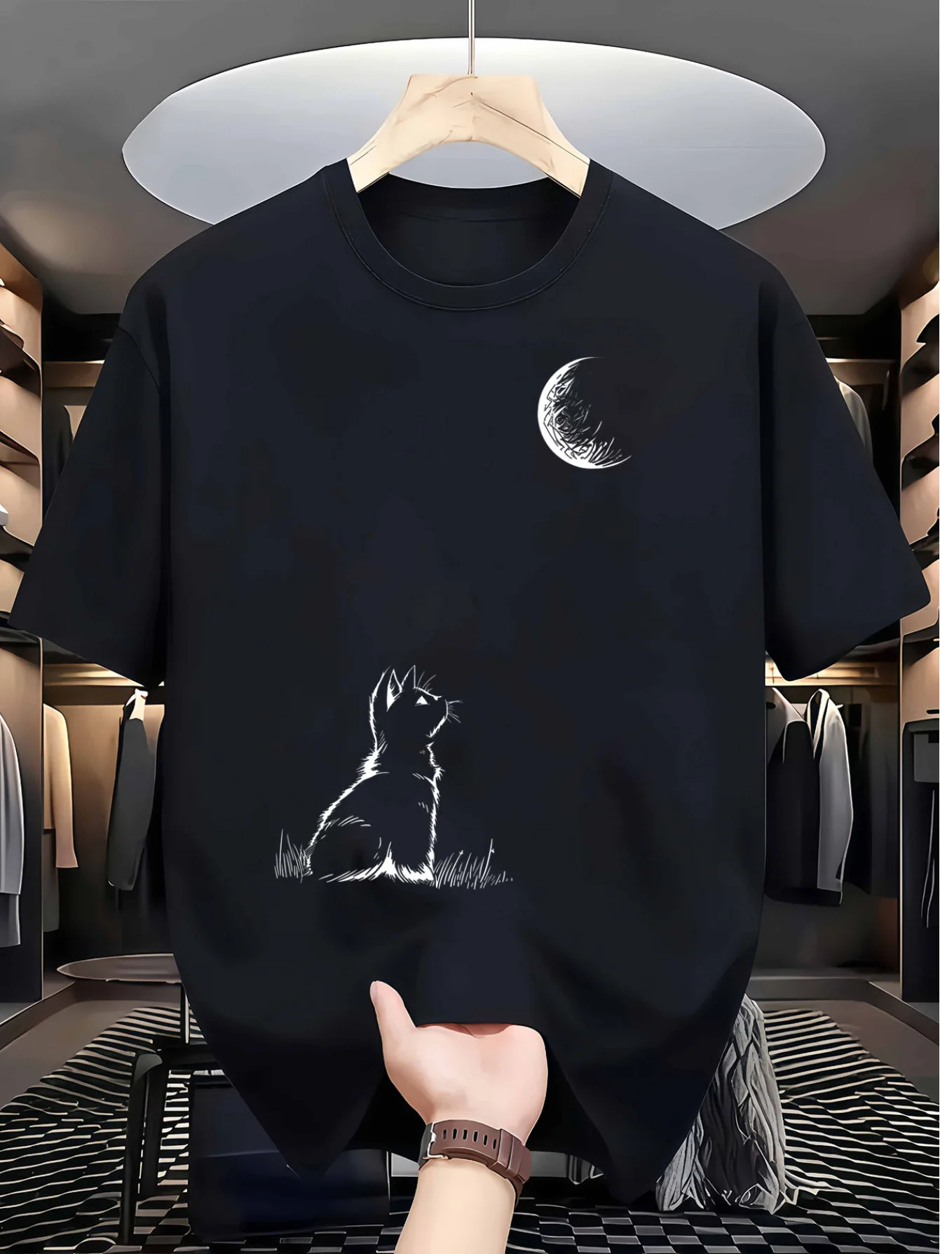 Men's Minimalist Line Art Moon-Watching Cat Print Fiber T-Shirt, Summer Breathable Loose Round Neck Cute Artistic Everyday Versatile Casual Short-Sleeve Top