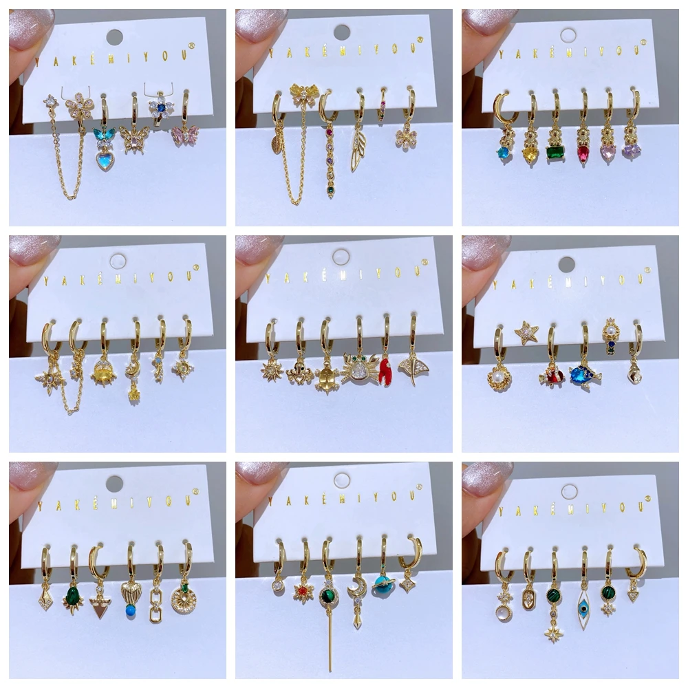 6pcs/set Multicolor Cubic Zircon Hanging Dangle Earrings Set Gold Plated Butterfly Bear Star Women Jewelry