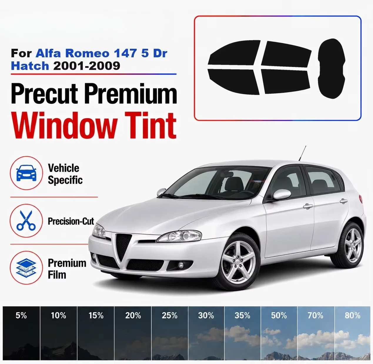 Premium Precut Window Tint Kit Front Rear Windows Rear Windshield For Alfa Romeo 147 5 Dr Hatch 2001-2009 Nano Ceramic Film