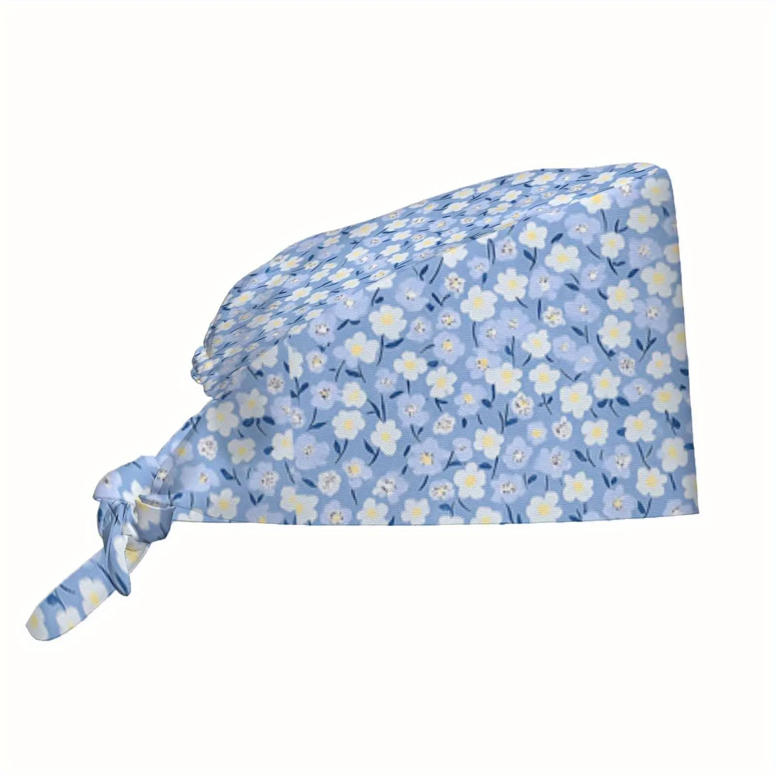 Unisex Adjustable Work Cap Lightweight Dustproof Tie-Back Nurse Hat White Floral Design on Light Blue Background Stylish Chef